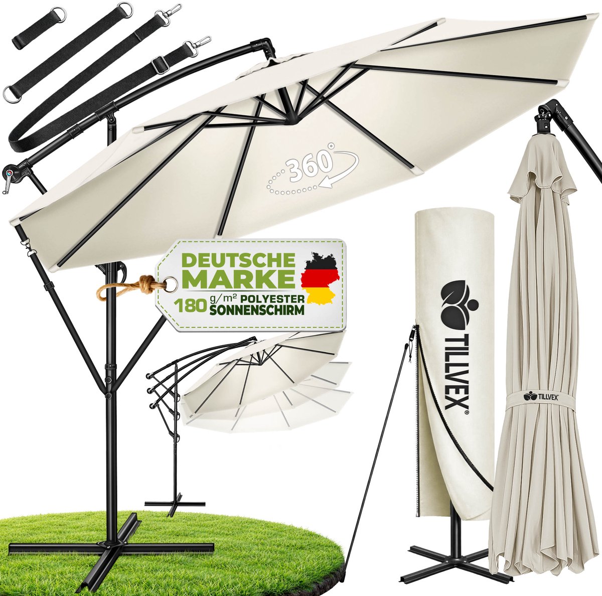 tillvex Parasol Ø 300 cm met zwengel + hoes + windbescherming | Zweefparasol met standaard | Tuinscherm UV-bescherming | Aluminium Zonnescherm | Waterdicht Marktscherm (4260613493101)