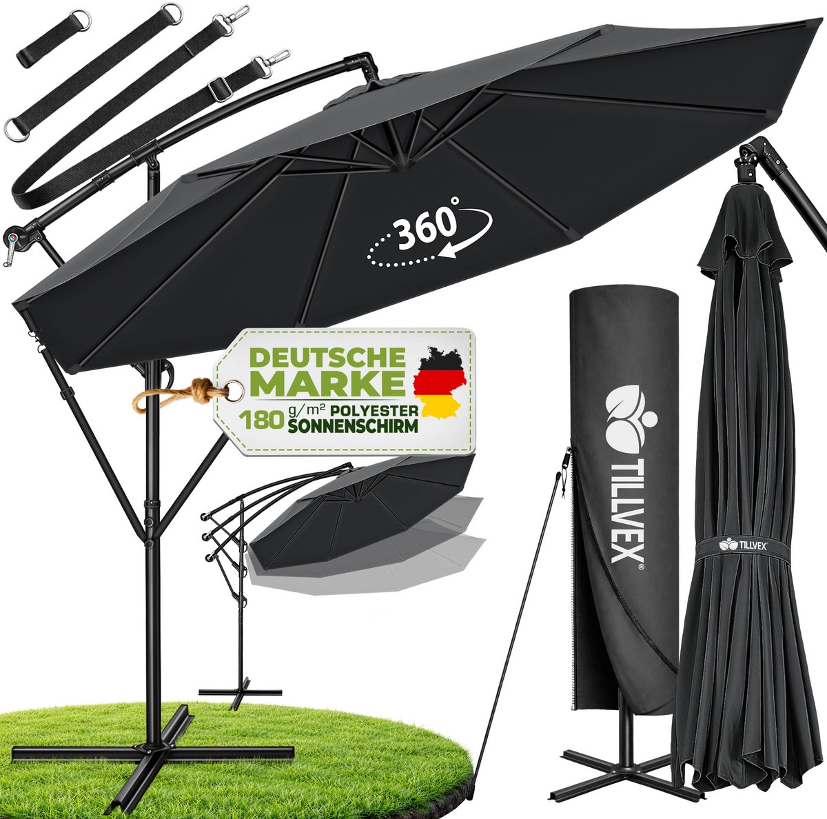 tillvex Parasol Ø 300 cm met zwengel + hoes + windbescherming | Zweefparasol met standaard | Tuinscherm UV-bescherming | Aluminium Zonnescherm | Waterdicht Marktscherm (4260613493095)