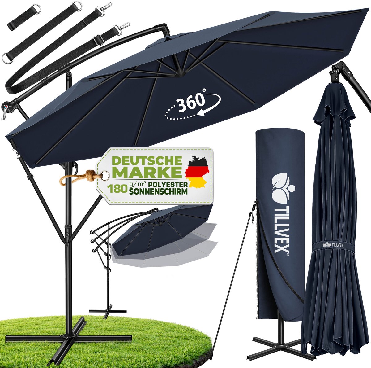 tillvex Parasol Ø 300 cm met zwengel + hoes + windbescherming | Zweefparasol met standaard | Tuinscherm UV-bescherming | Aluminium Zonnescherm | Waterdicht Marktscherm (4260613493088)
