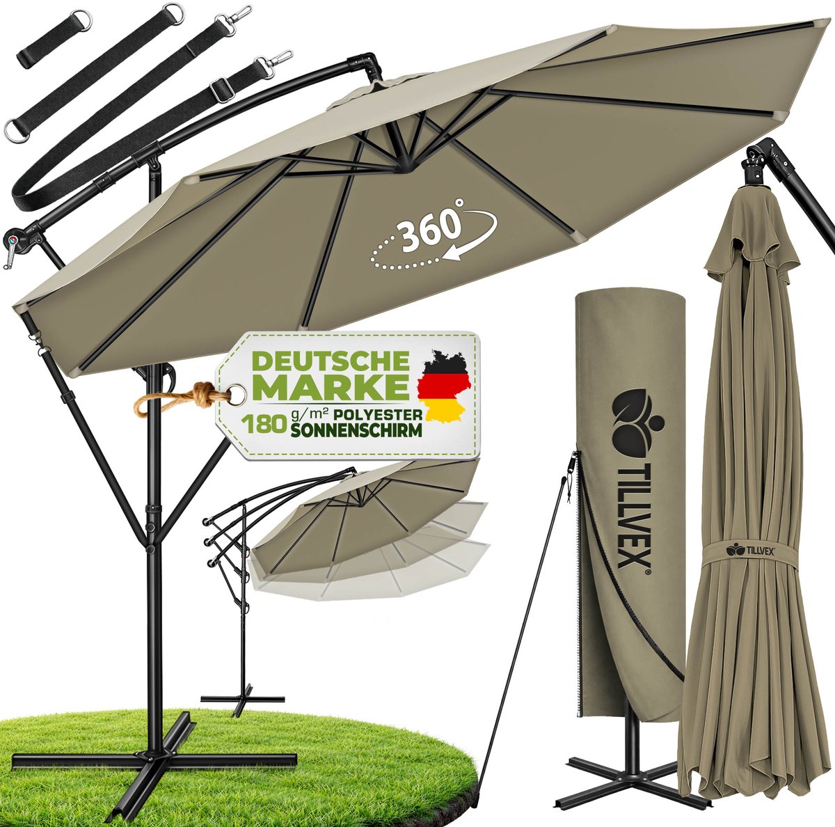 tillvex Parasol Ø 350 cm met zwengel + hoes + windbescherming | Zweefparasol met standaard | Tuinscherm UV-bescherming | Aluminium Zonnescherm | Waterdicht Marktscherm (4262436442410)
