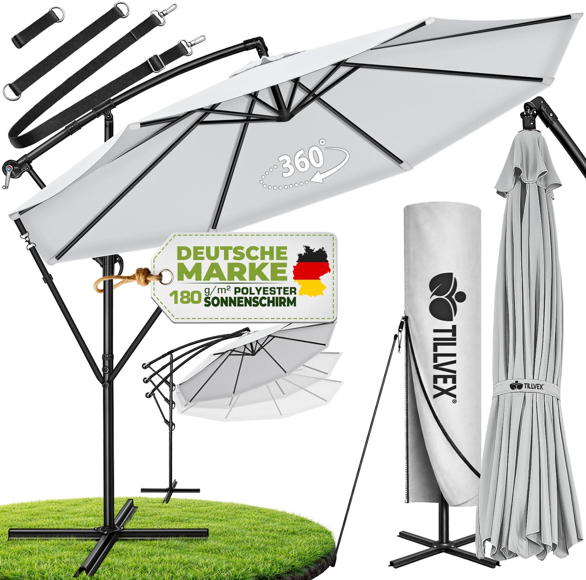 tillvex Parasol Ø 350 cm met zwengel + hoes + windbescherming | Zweefparasol met standaard | Tuinscherm UV-bescherming | Aluminium Zonnescherm | Waterdicht Marktscherm (4262436442434)