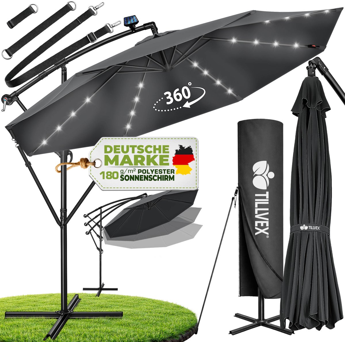 tillvex Zweefparasol Aluminium met LED Solar Ø 300 cm + Zwengel + Hoes + Windbescherming | Parasol met Standaard | Tuinparasol UV-bescherming | Waterdichte Draaiparasol Marktscherm (4260613493552)