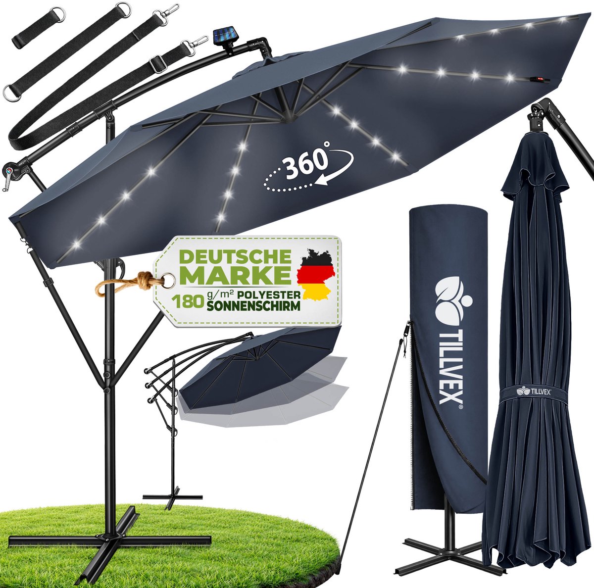 tillvex Zweefparasol Aluminium met LED Solar Ø 300 cm + Zwengel + Hoes + Windbescherming | Parasol met Standaard | Tuinparasol UV-bescherming | Waterdichte Draaiparasol Marktscherm (4260613493545)