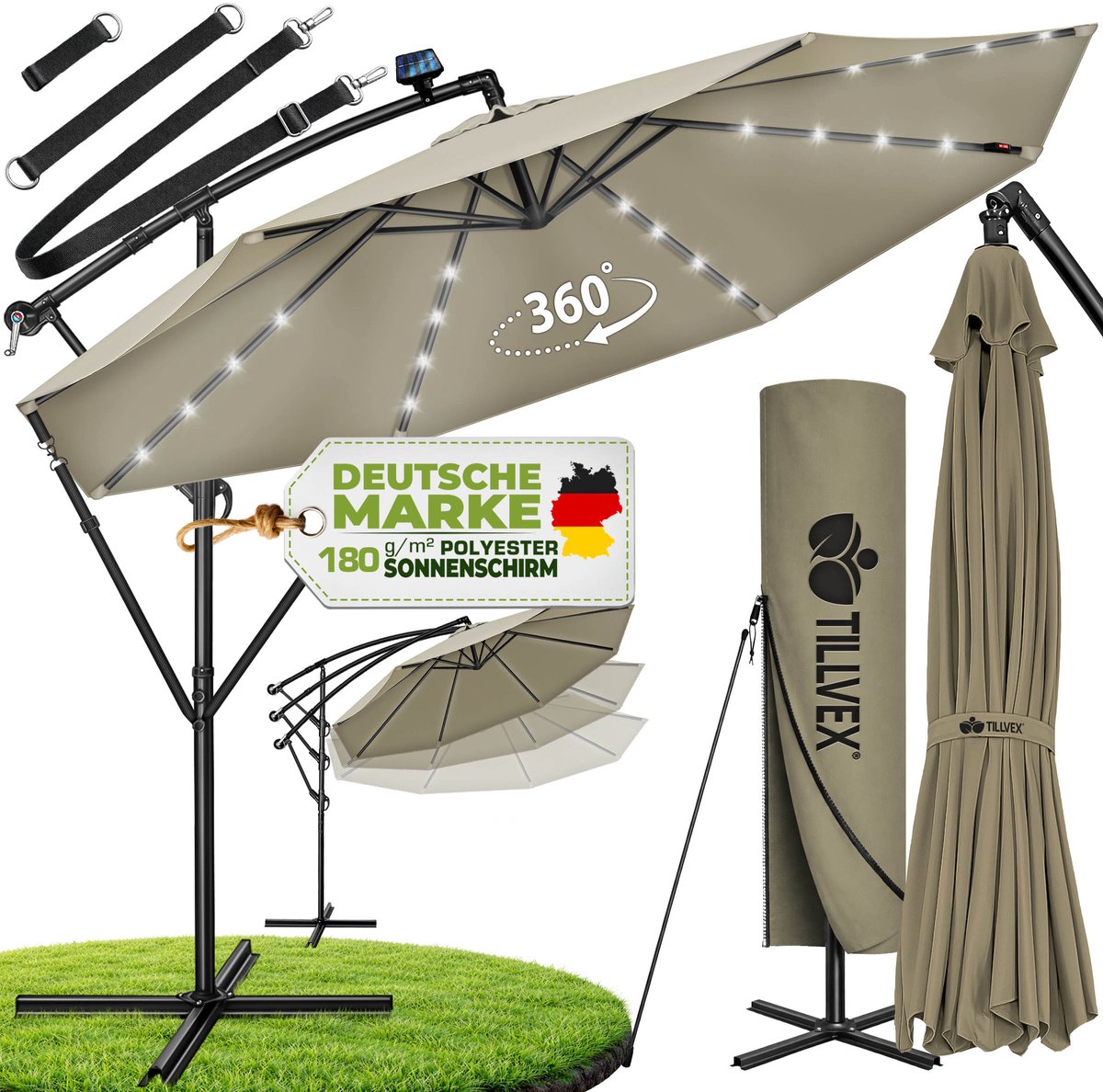 tillvex Zweefparasol Aluminium met LED Solar Ø 300 cm + Zwengel + Hoes + Windbescherming | Parasol met Standaard | Tuinparasol UV-bescherming | Waterdichte Draaiparasol Marktscherm (4260613493576)