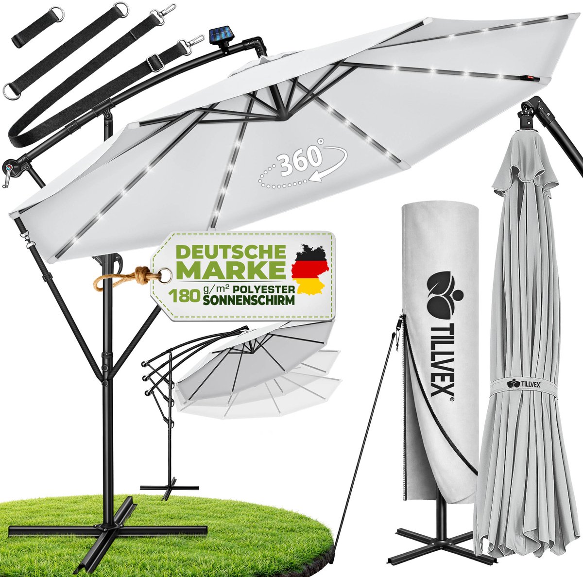 tillvex Zweefparasol Aluminium met LED Solar Ø 350 cm + Zwengel + Hoes + Windbescherming | Parasol met Standaard | Tuinparasol UV-bescherming | Waterdichte Draaiparasol Marktscherm (4262436442496)