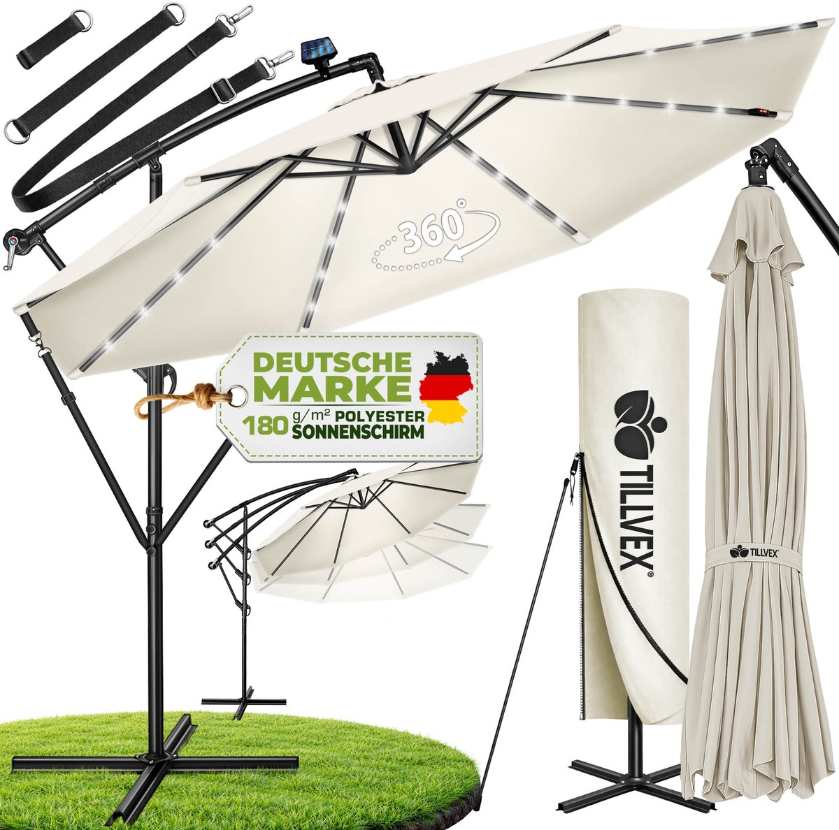 tillvex Zweefparasol Aluminium met LED Solar Ø 350 cm + Zwengel + Hoes + Windbescherming | Parasol met Standaard | Tuinparasol UV-bescherming | Waterdichte Draaiparasol Marktscherm (4262436442472)
