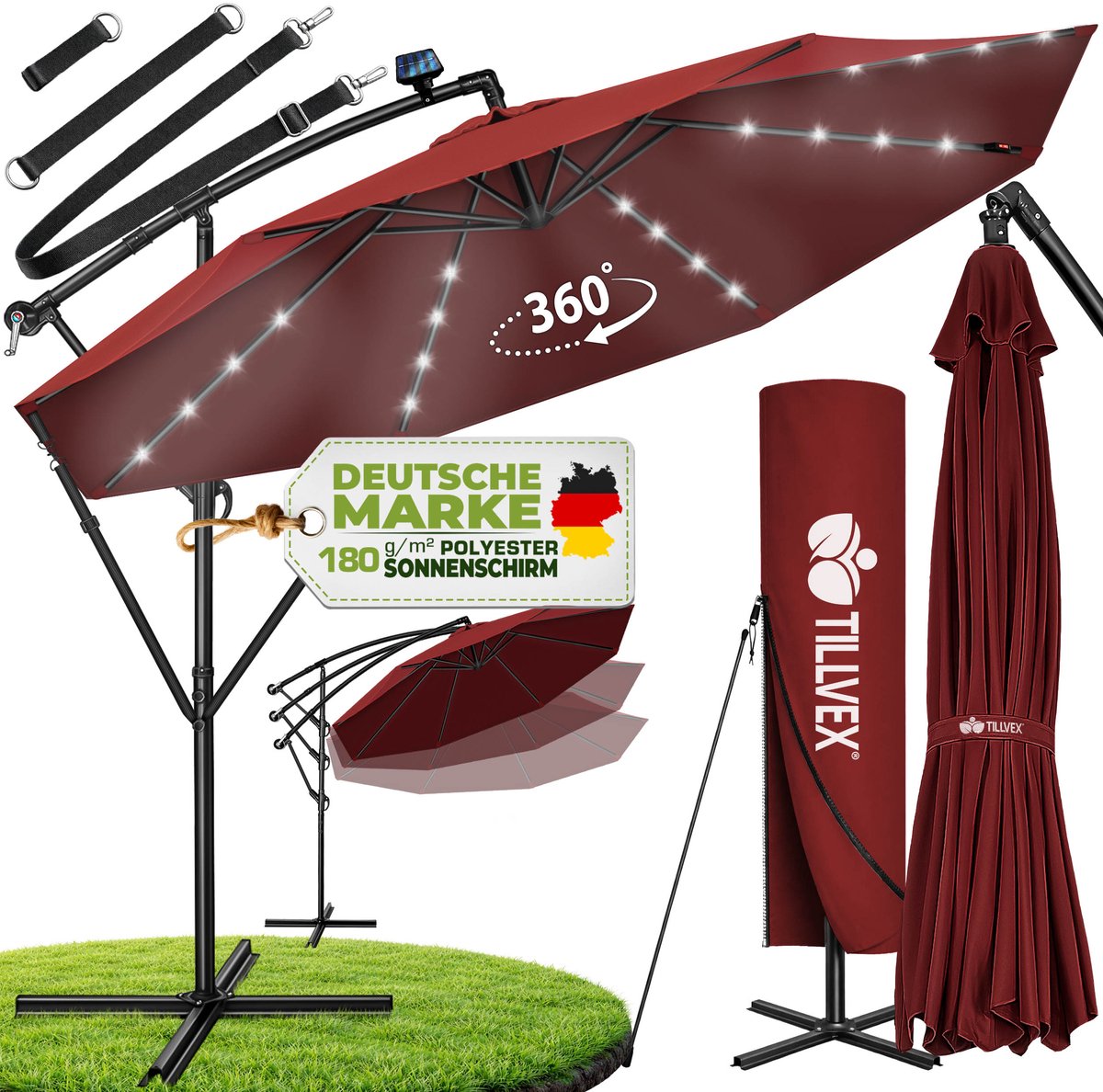 tillvex Zweefparasol Aluminium met LED Solar Ø 350 cm + Zwengel + Hoes + Windbescherming | Parasol met Standaard | Tuinparasol UV-bescherming | Waterdichte Draaiparasol Marktscherm (4262436442526)