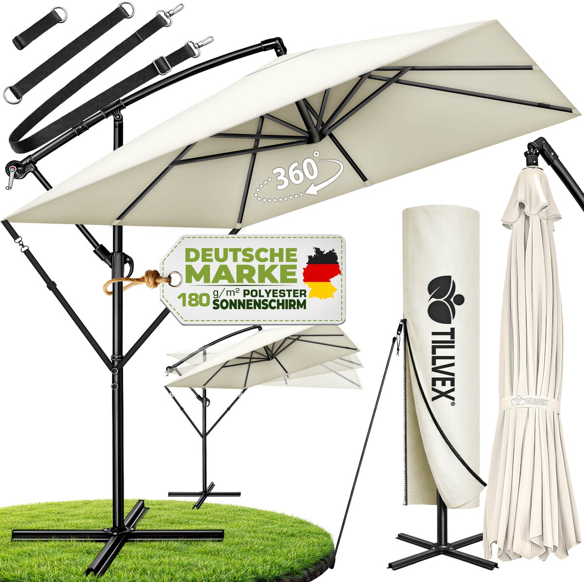 tillvex® Aluminium Parasol rechthoekig Ø 330 cm + afdekking met zwengel | Zweefparasol met standaard en windscherm, uv-bescherming, waterdicht, 360 graden draaibaar (4262436444803)