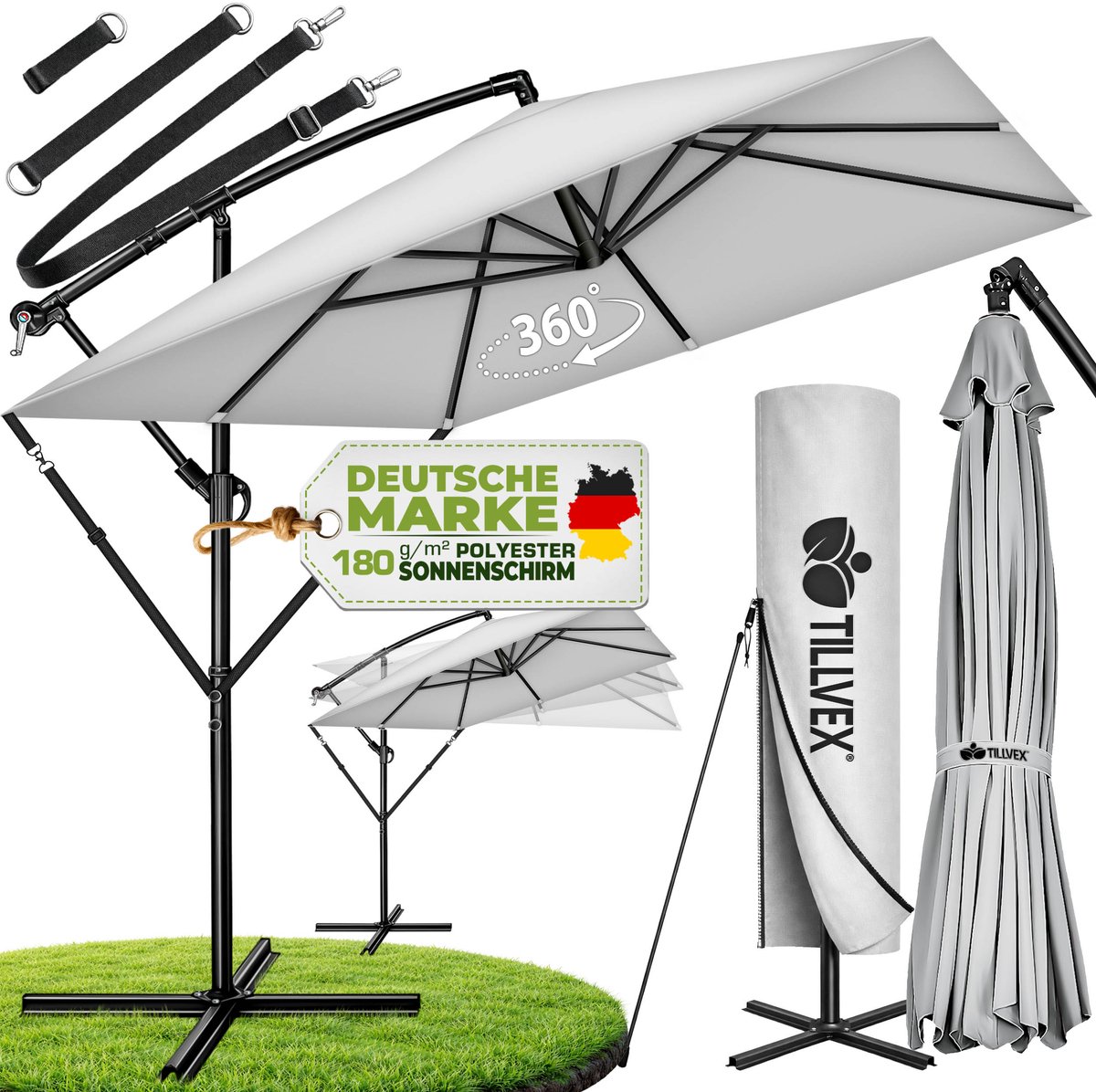 tillvex® Aluminium Parasol rechthoekig Ø 330 cm + afdekking met zwengel | Zweefparasol met standaard en windscherm, uv-bescherming, waterdicht, 360 graden draaibaar (4262436444827)