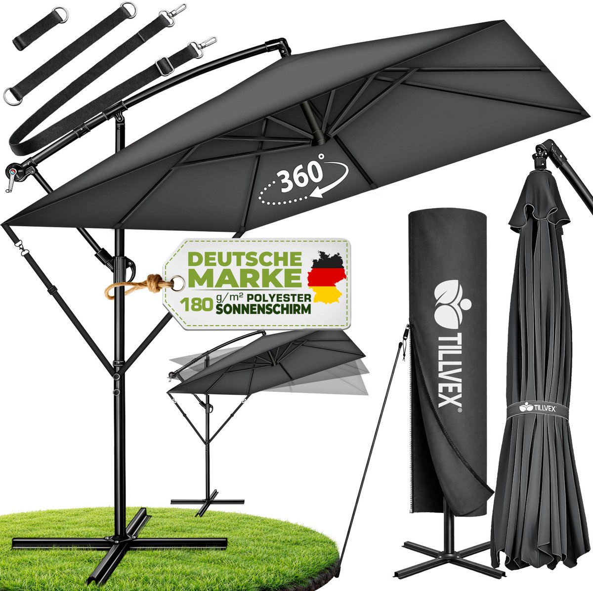 tillvex® Aluminium Parasol rechthoekig Ø 330 cm + afdekking met zwengel | Zweefparasol met standaard en windscherm, uv-bescherming, waterdicht, 360 graden draaibaar (4262436444797)