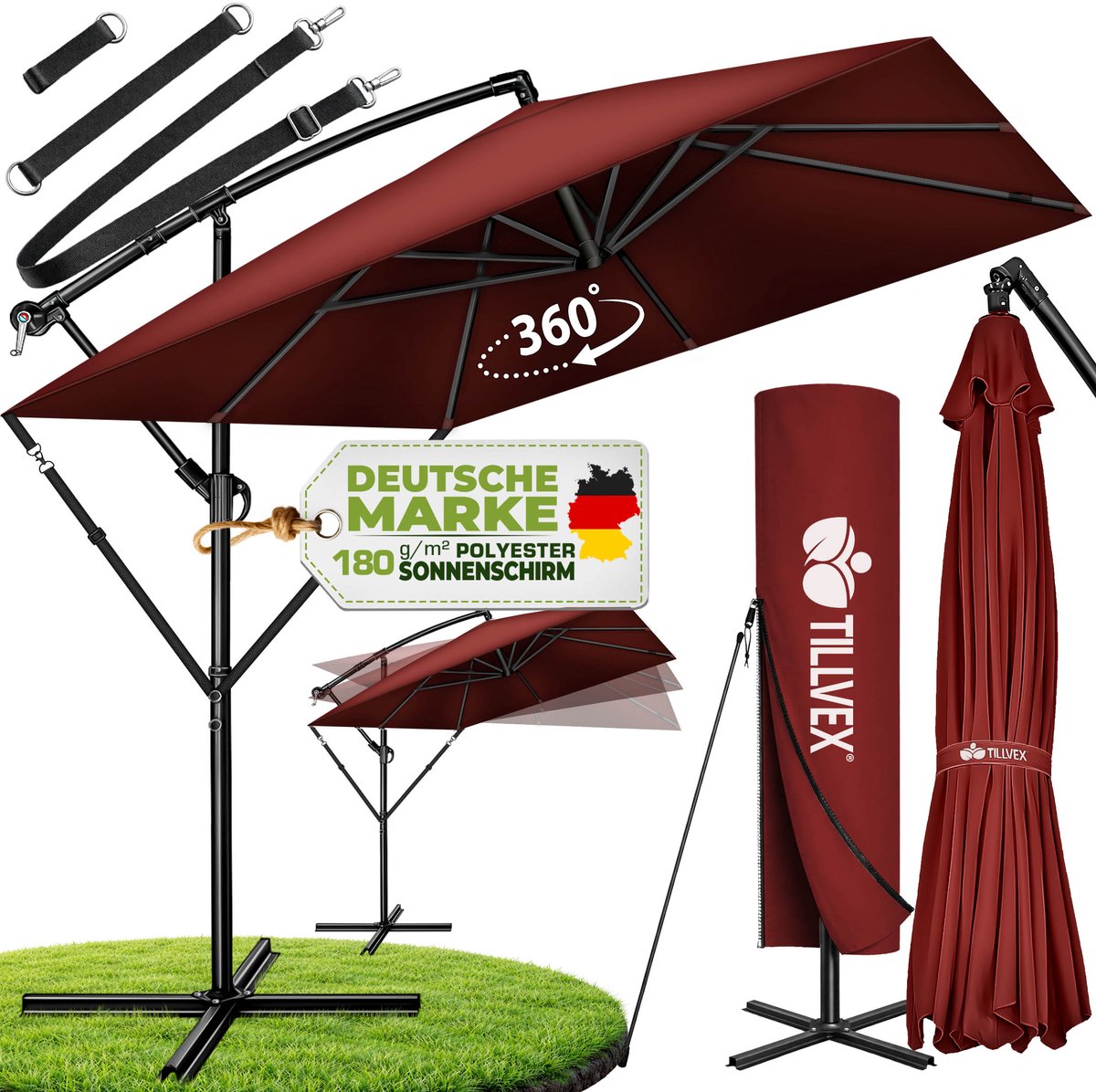 tillvex® Aluminium Parasol rechthoekig Ø 330 cm + afdekking met zwengel | Zweefparasol met standaard en windscherm, uv-bescherming, waterdicht, 360 graden draaibaar (4262436444773)