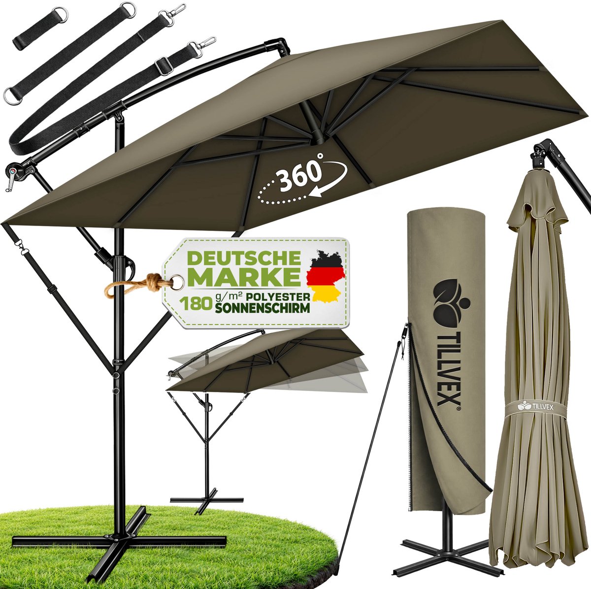 tillvex® Aluminium Parasol rechthoekig Ø 330 cm + afdekking met zwengel | Zweefparasol met standaard en windscherm, uv-bescherming, waterdicht, 360 graden draaibaar (4262436444810)