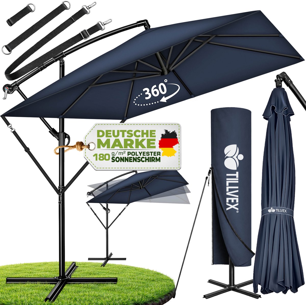 tillvex® Aluminium Parasol rechthoekig Ø 330 cm + afdekking met zwengel | Zweefparasol met standaard en windscherm, uv-bescherming, waterdicht, 360 graden draaibaar (4262436444780)