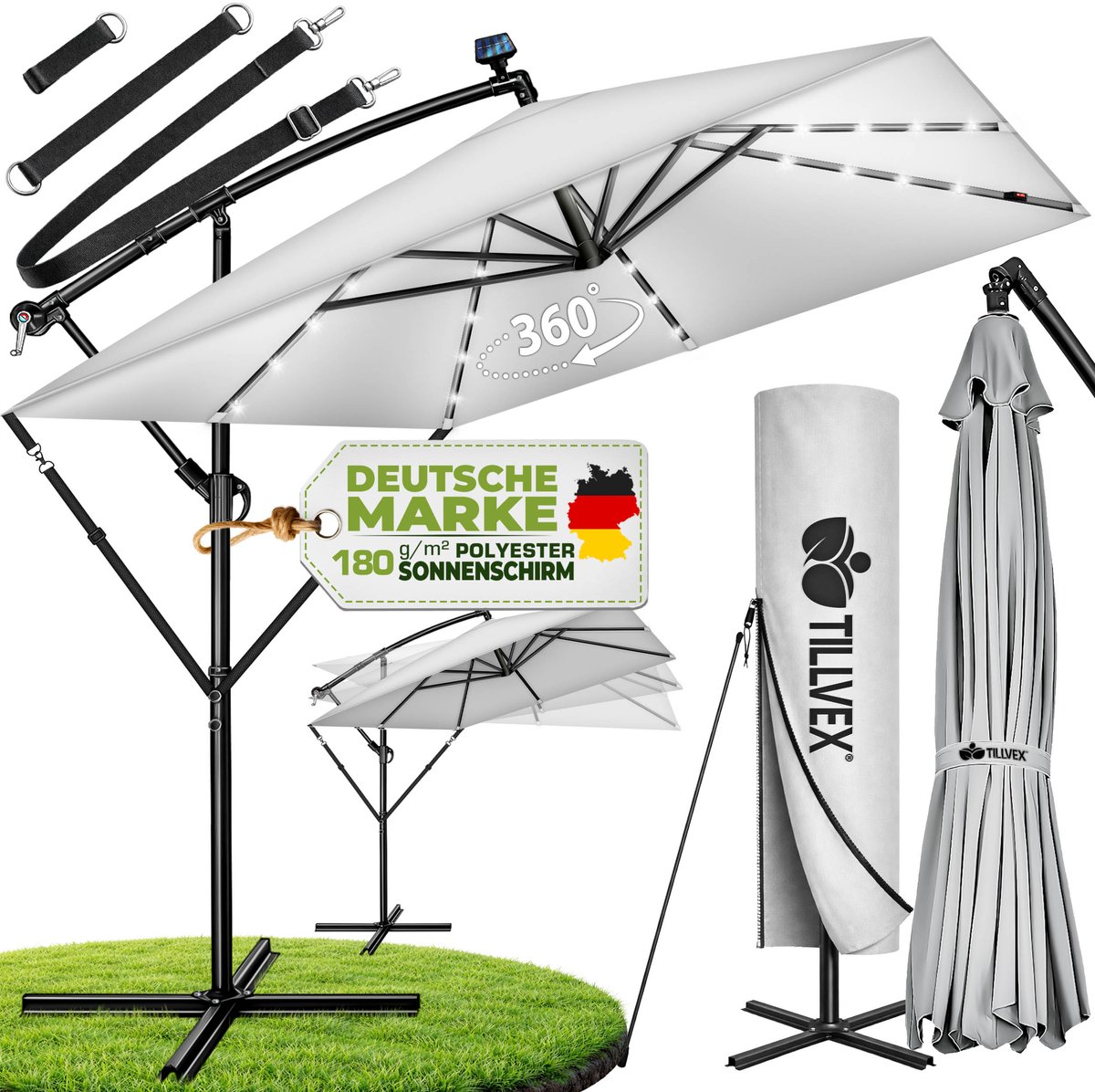 tillvex® Aluminium Parasol rechthoekig Ø 330 cm met led-zonne-energie + afdekking met zwengel | Zweefparasol met standaard en windscherm, uv-bescherming, waterdicht, 360 graden draaibaar (4262436444889)