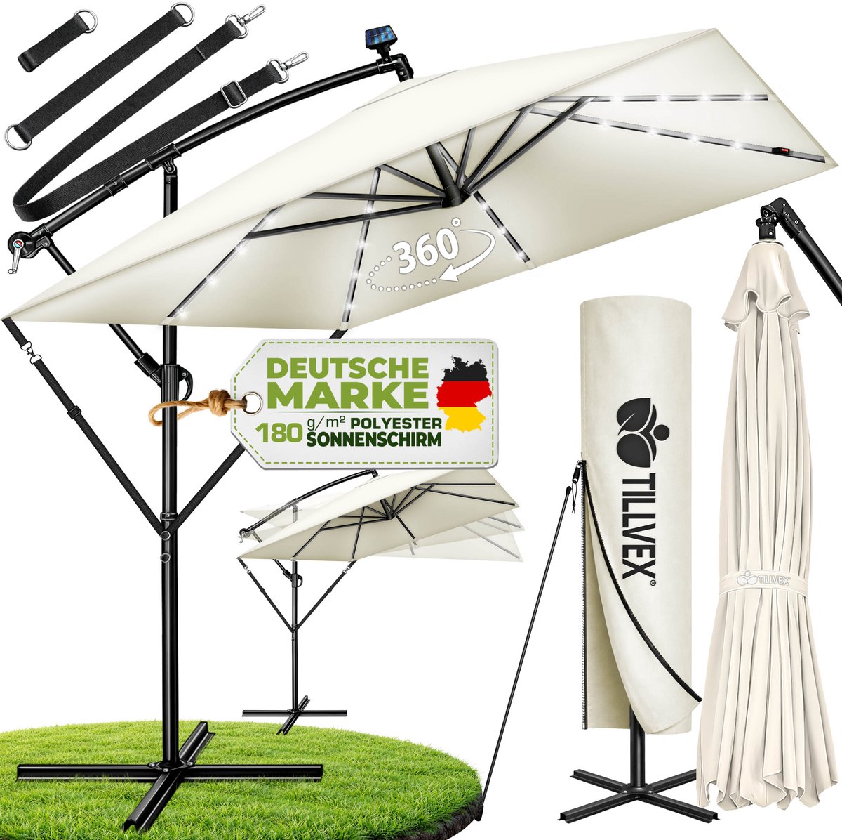 tillvex® Aluminium Parasol rechthoekig Ø 330 cm met led-zonne-energie + afdekking met zwengel | Zweefparasol met standaard en windscherm, uv-bescherming, waterdicht, 360 graden draaibaar (4262436444865)