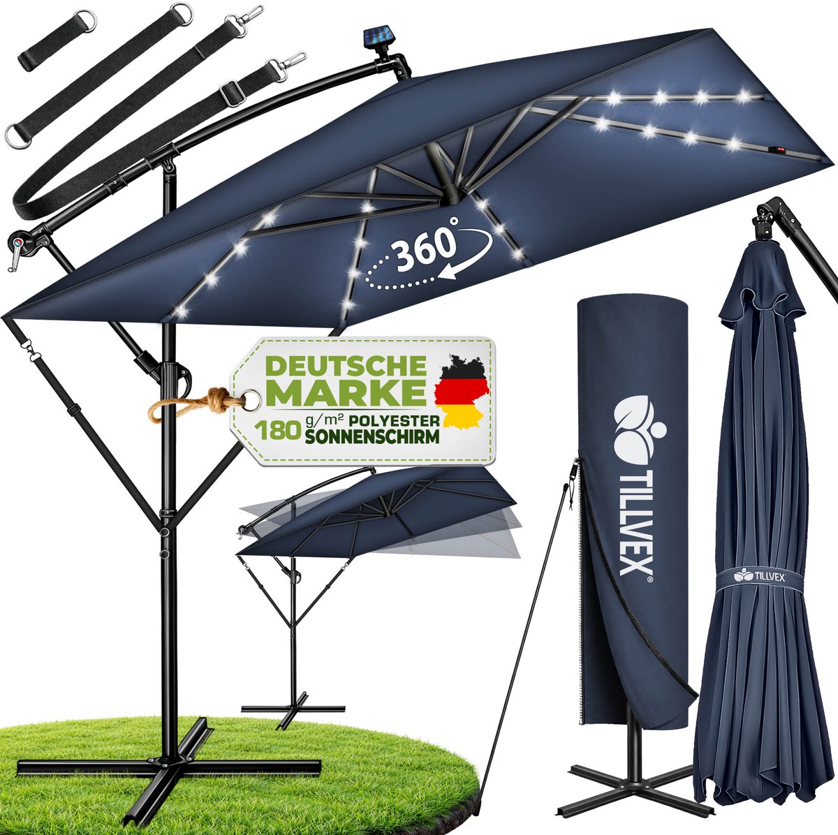 tillvex® Aluminium Parasol rechthoekig Ø 330 cm met led-zonne-energie + afdekking met zwengel | Zweefparasol met standaard en windscherm, uv-bescherming, waterdicht, 360 graden draaibaar (4262436444841)