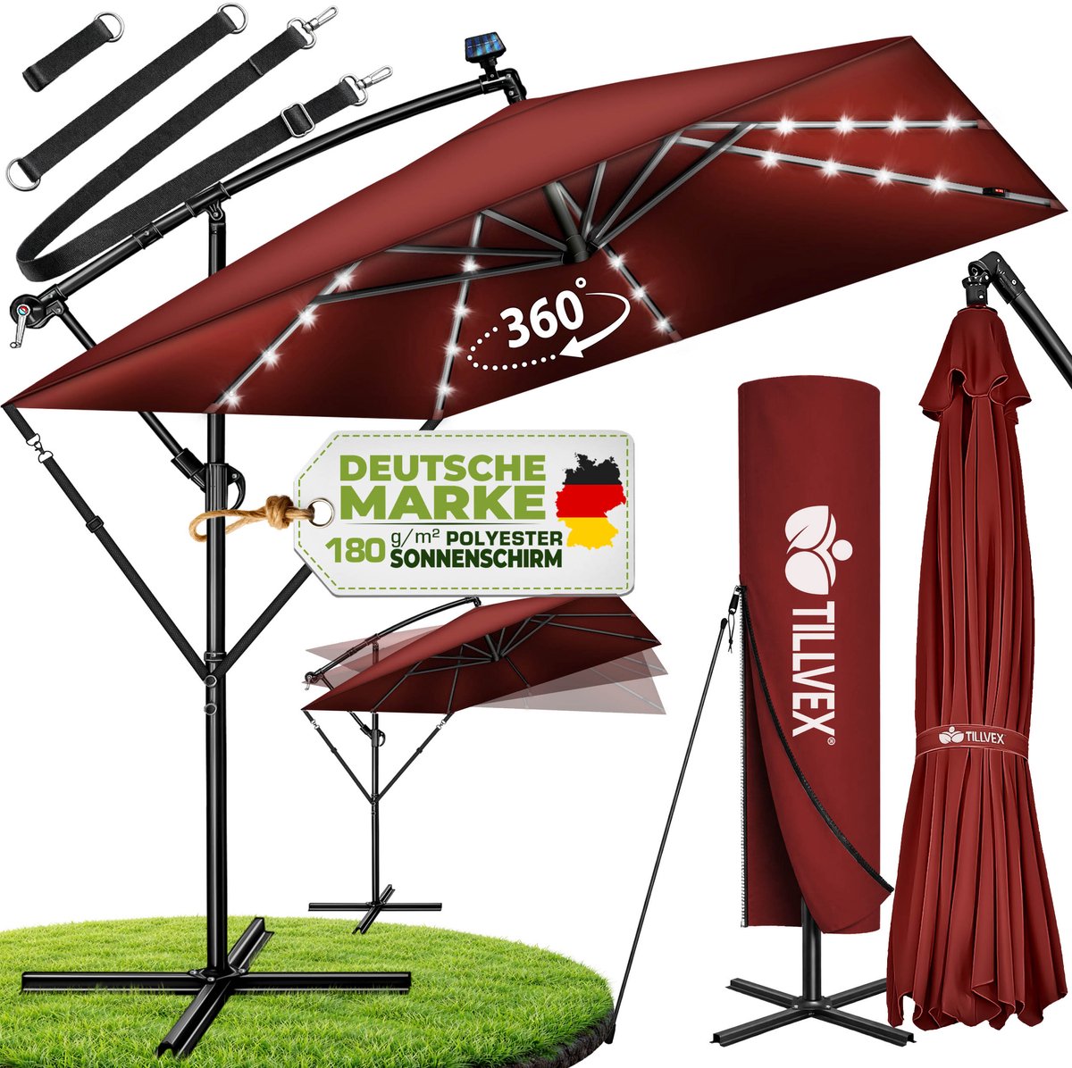 tillvex® Aluminium Parasol rechthoekig Ø 330 cm met led-zonne-energie + afdekking met zwengel | Zweefparasol met standaard en windscherm, uv-bescherming, waterdicht, 360 graden draaibaar (4262436444834)