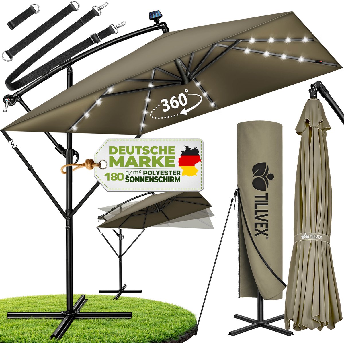 tillvex® Aluminium Parasol rechthoekig Ø 330 cm met led-zonne-energie + afdekking met zwengel | Zweefparasol met standaard en windscherm, uv-bescherming, waterdicht, 360 graden draaibaar (4262436444872)