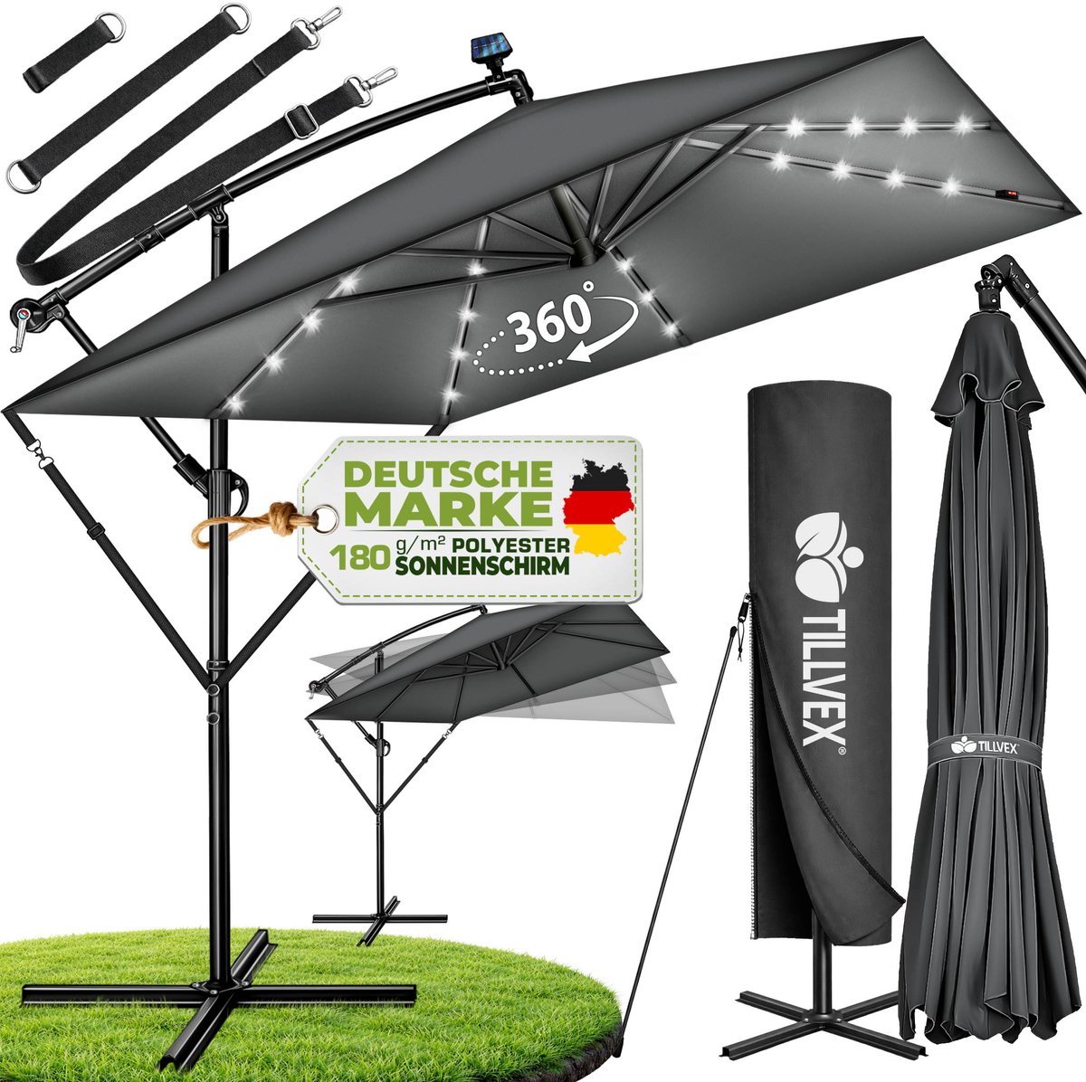 tillvex® Aluminium Parasol rechthoekig Ø 330 cm met led-zonne-energie + afdekking met zwengel | Zweefparasol met standaard en windscherm, uv-bescherming, waterdicht, 360 graden draaibaar (4262436444858)