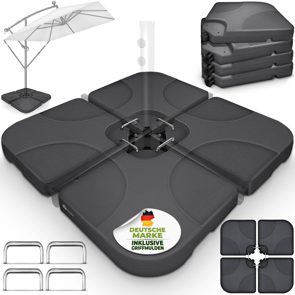 tillvex® Parasolstandaard 60 liter / 80 kg, 4-delig voor zweefparasol, incl. metalen verbindingsstukken, parasolgewicht kan worden gevuld met water of zand, parasolstandaard, weerbestendig (4262436444391)
