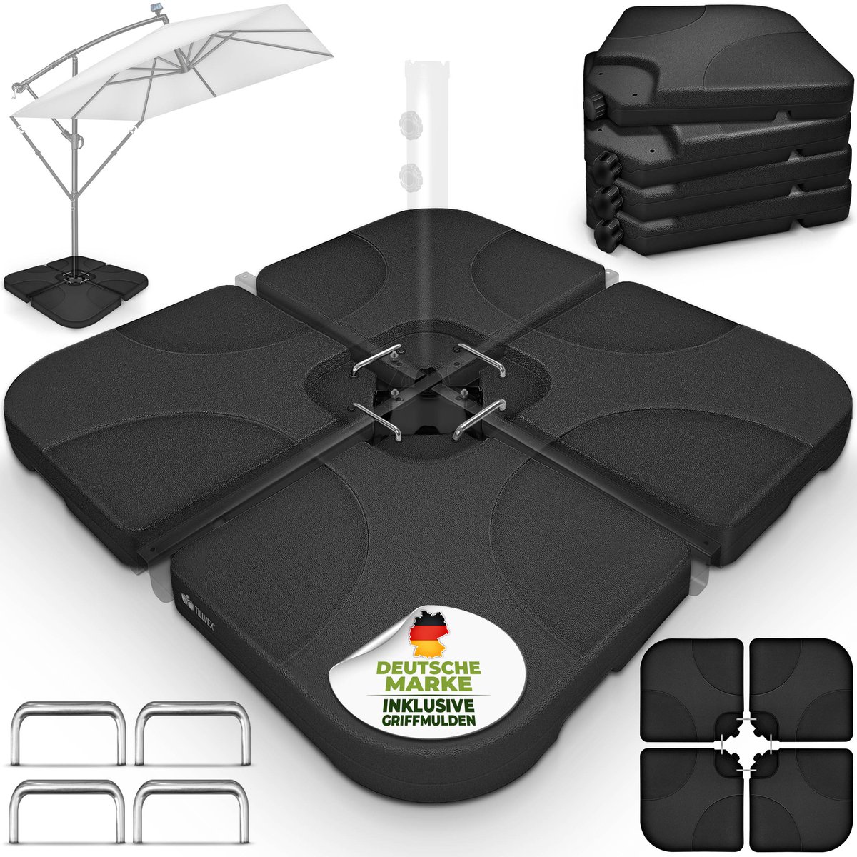 tillvex® Parasolstandaard 60 liter / 80 kg, 4-delig voor zweefparasol, incl. metalen verbindingsstukken, parasolgewicht kan worden gevuld met water of zand, parasolstandaard, weerbestendig (4262436444414)