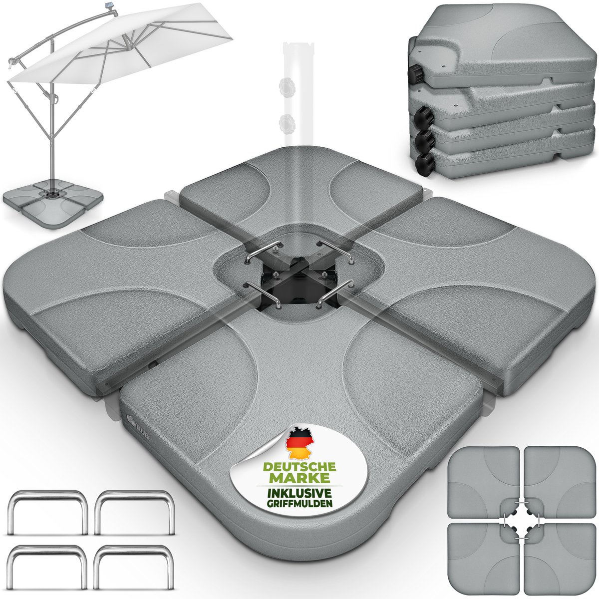 tillvex® Parasolstandaard 60 liter / 80 kg, 4-delig voor zweefparasol, incl. metalen verbindingsstukken, parasolgewicht kan worden gevuld met water of zand, parasolstandaard, weerbestendig (4262436444407)