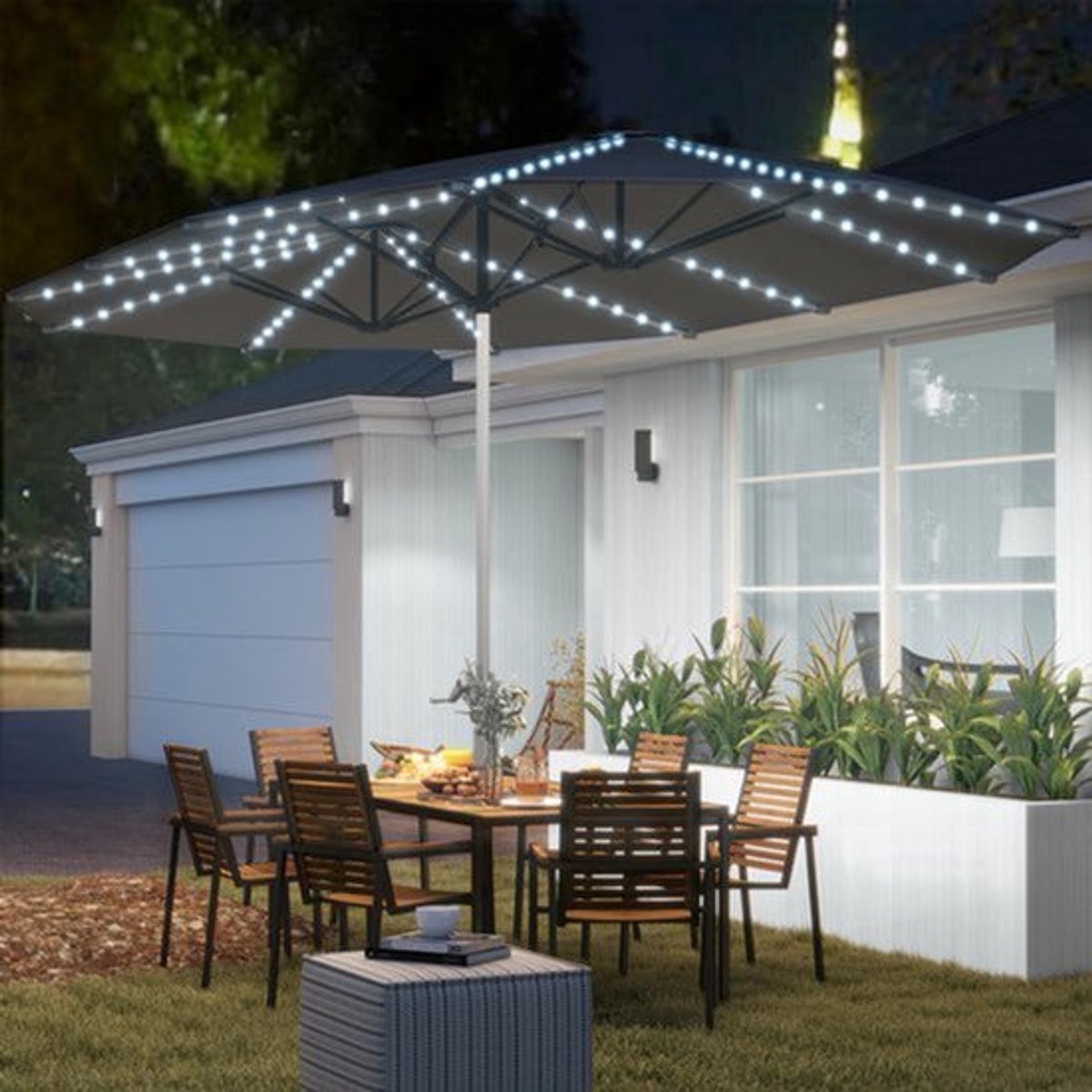 Dubbele Tuinparasol - Terrasparasol - Zweefparasol - Balkonparasol - UV-Parasol - Donkergrijs - Ingebouwde Solar Led-Verlichting - UPF50+ UV-Bescherming (9113765581507)