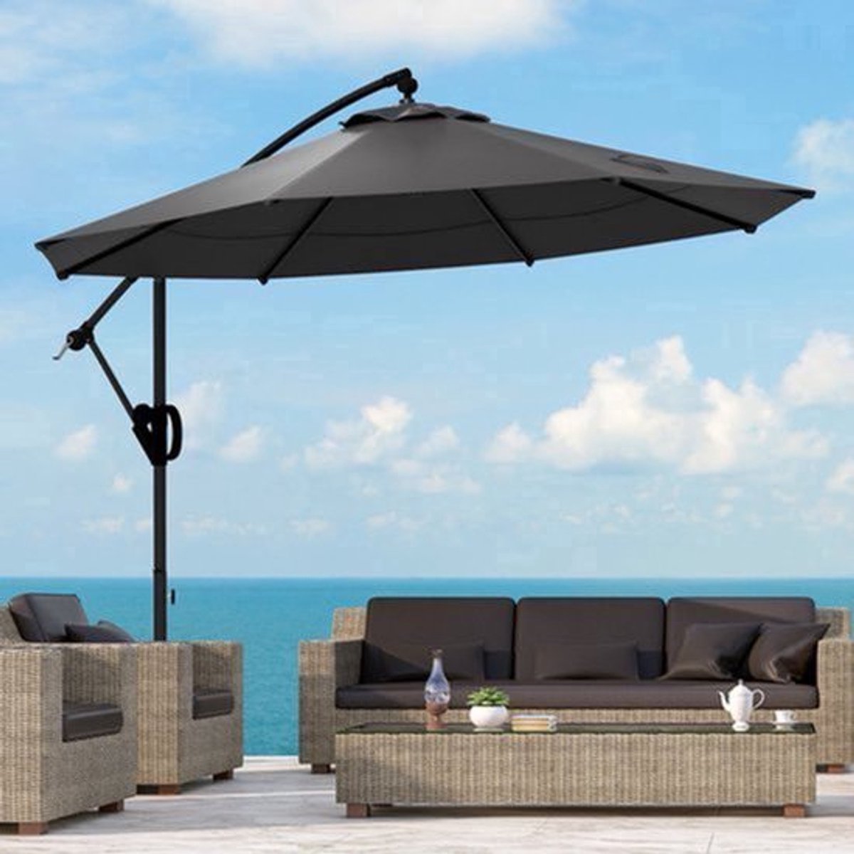 Hangparasol - Zweefparasol - Cantilever Parasol - Vrijstaande Parasol - Terrasparasol - Grijs - 293x293 cm - Kantelbaar met Stevige Kruisvoet (9113765050713)