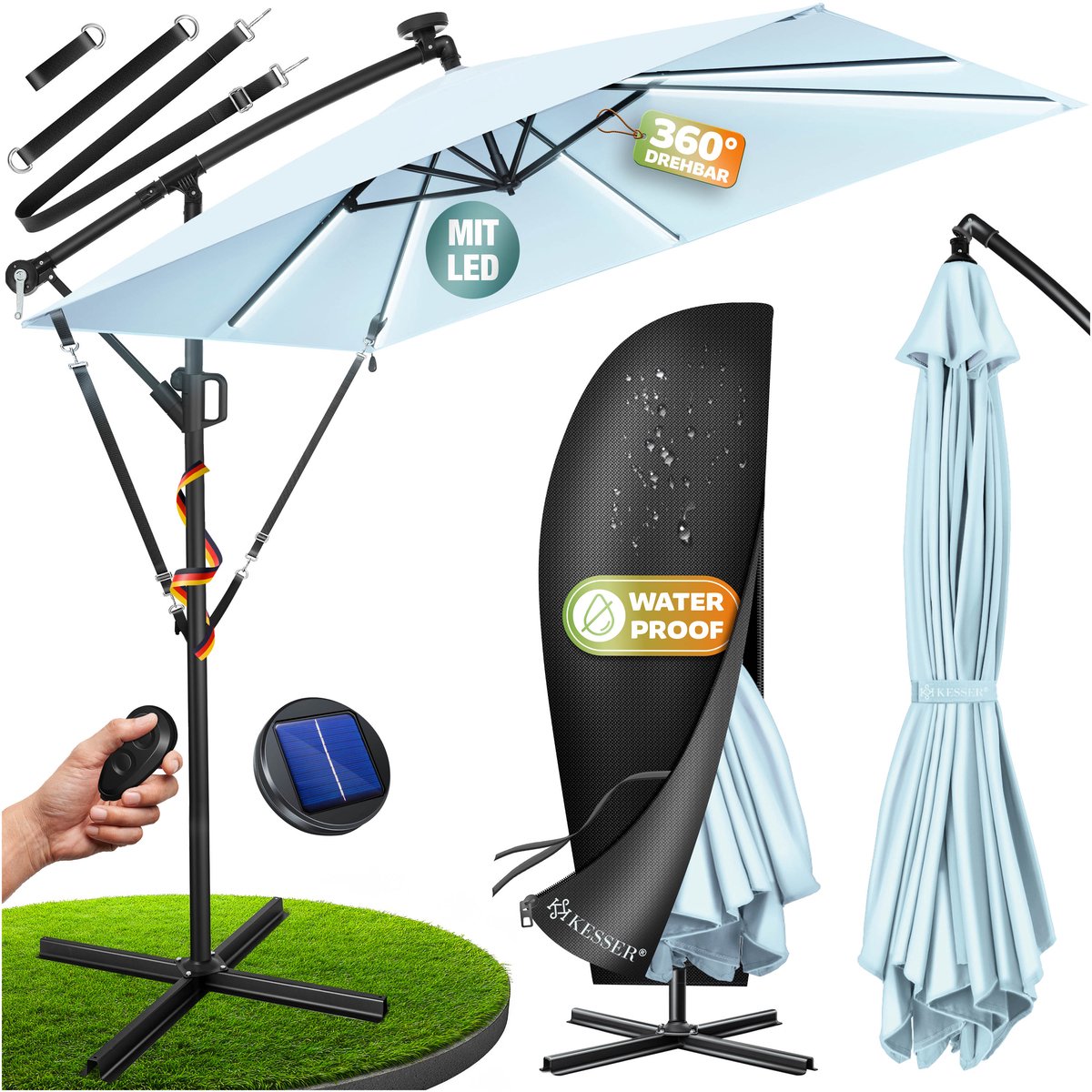 KESSER® Zweefparasol Holly - Parasol met hoes, windbescherming en zwengel - UV-bescherming, aluminium, waterafstotend - Tuinparasol Marktparasol - Lichtblauw/Zwart (4255598351409)