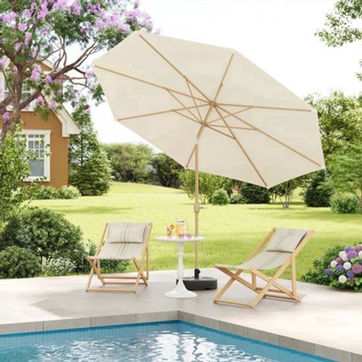 Parasol - Tuinparasol - Strandparasol - Zweefparasol - Balkon Parasol - Grote 300cm Buitenzonwering - met Draaikruk en UPF 50+ Bescherming - Beige (9113765470092)