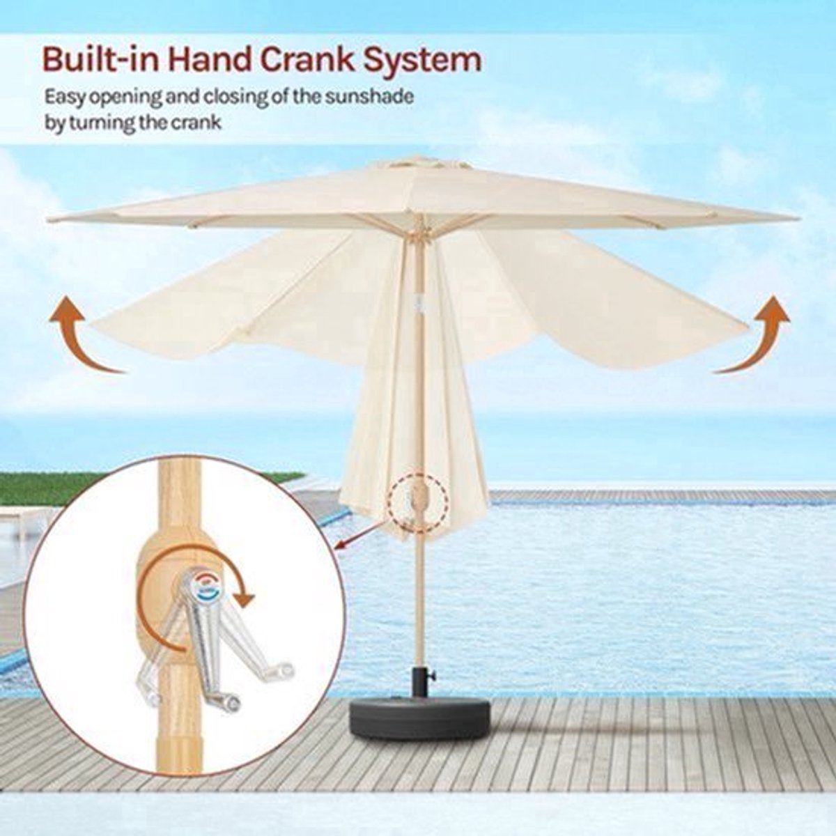 Parasol - Tuinparasol - Strandparasol - Zweefparasol - Balkon Parasol - Grote 300cm Buitenzonwering - met Draaikruk en UPF 50+ Bescherming - Beige (9113762648968)
