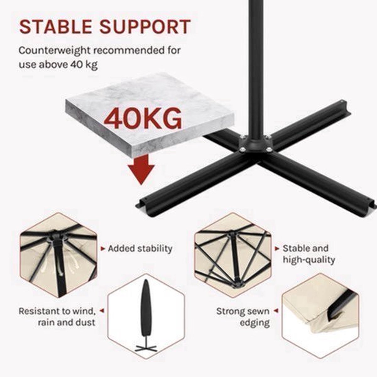 Parasol - Zweefparasols - Tuinparasol - Balkonparasol - Recht Kantelbaar - UV-bestendig - Duurzaam - Waterdicht - voor Buiten - Tuin - Terrastafel - Rond - Polyester -310 x 310 cm - Beige (9113764794243)
