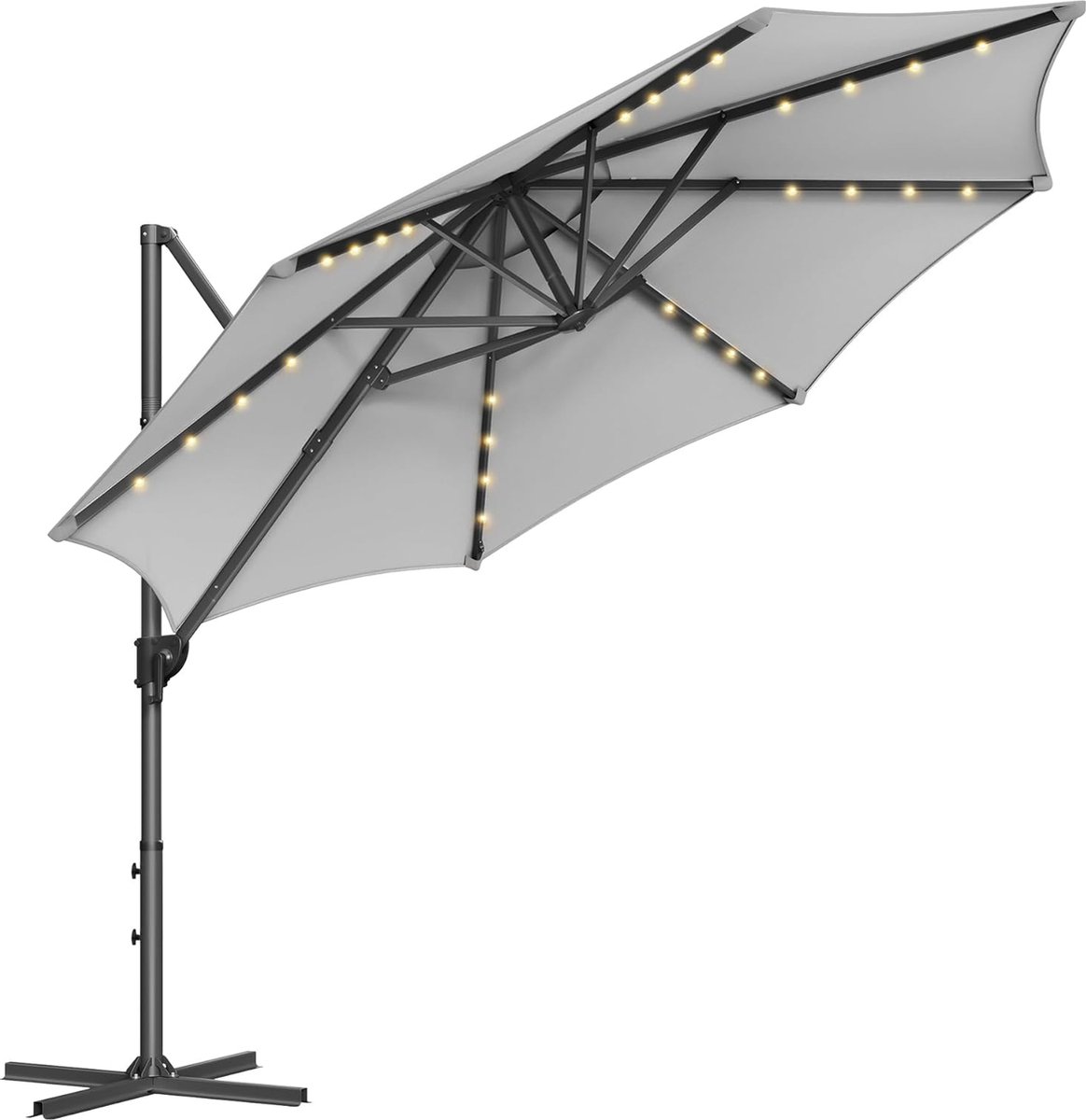 SONGMICS Parasol, zweefparasol, 300 cm, 28 LED-lampen op zonne-energie, UPF 50+, parasol, 360° draaibaar, hellingshoek traploos verstelbaar, met zwengel, kruisvoet, duifgrijs (0194343142166)