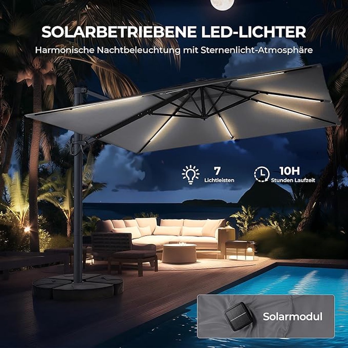 Solaris Royal LED Zweefparasol 300 x 300 cm - Luxe Vierkante Hangparasol met Solar Verlichting, 360° Rotatie en UV-Bescherming (9501257447729)