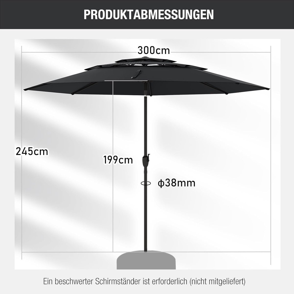Stokparasol met LED verlichting op zonne-energie - Bellavero 300 cm Ronde Tuinparasol Antraciet, 32 LED-lampjes, 3-Laags Ventilatie, 35° Kantelbaar, Windbestendig, Met Zwengel voor Balkon, Terras, ... (9501625386230)