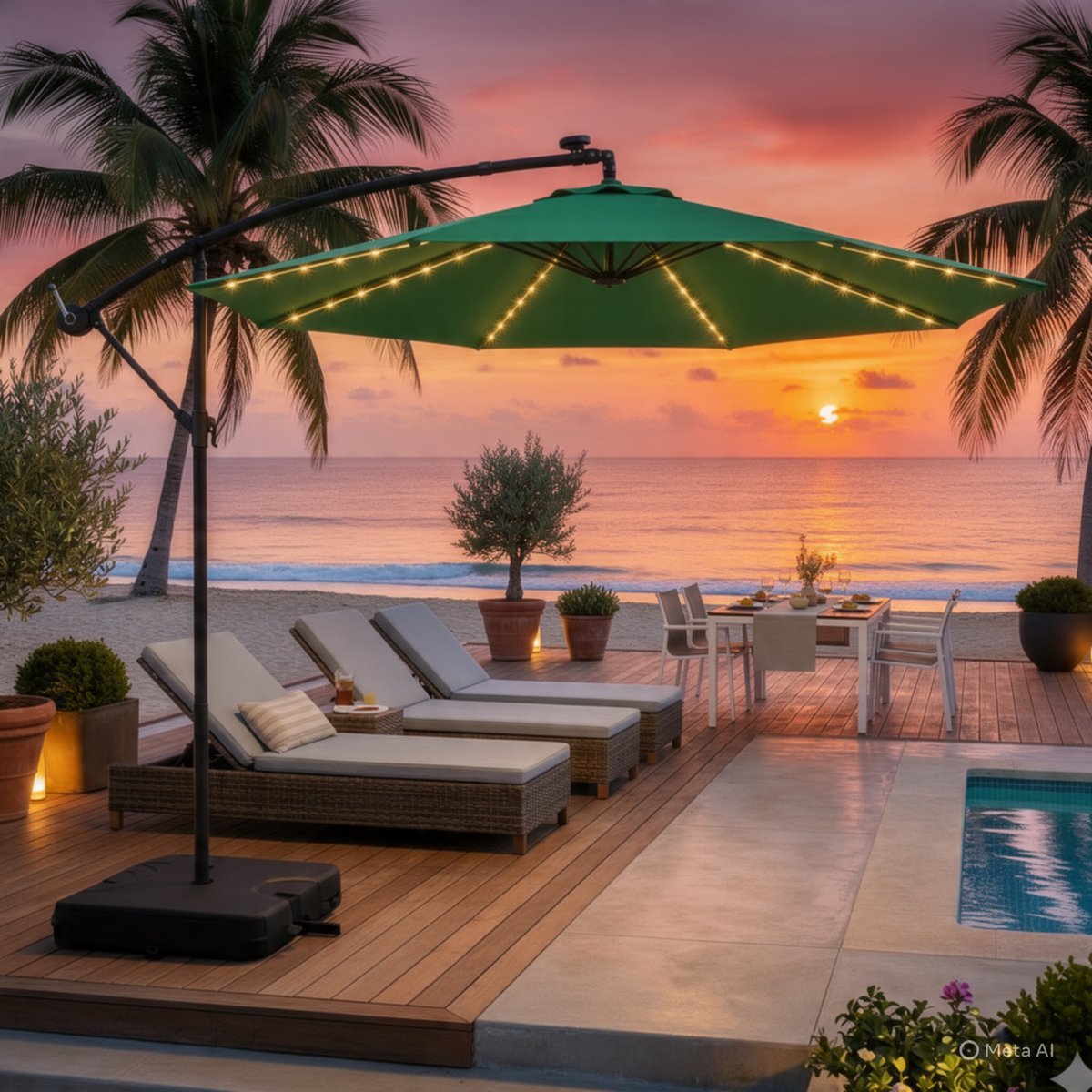Zweefparasol 300 cm met LED verlichting en zonnepaneel - Kantelbare tuinparasol met slinger, standaard en zandzakken - UV-bescherming, waterafstotend, achthoekig - Groen - Nicolehome (9509276199261)