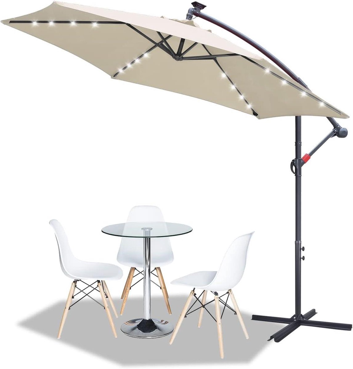 Zweefparasol - Tuinscherm Schaduwdoek - Buiten Zitten - Geïntegreerde LED Verlichting - 350 cm - Beige (9101508329875)